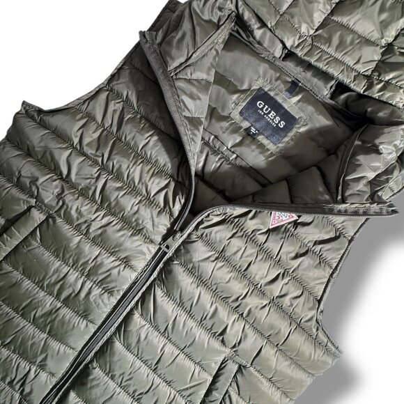 Guess Green Full Zip Hooded Light Puffer Vest Women Pockets 90s Atheleisure - Picture 3 of 9